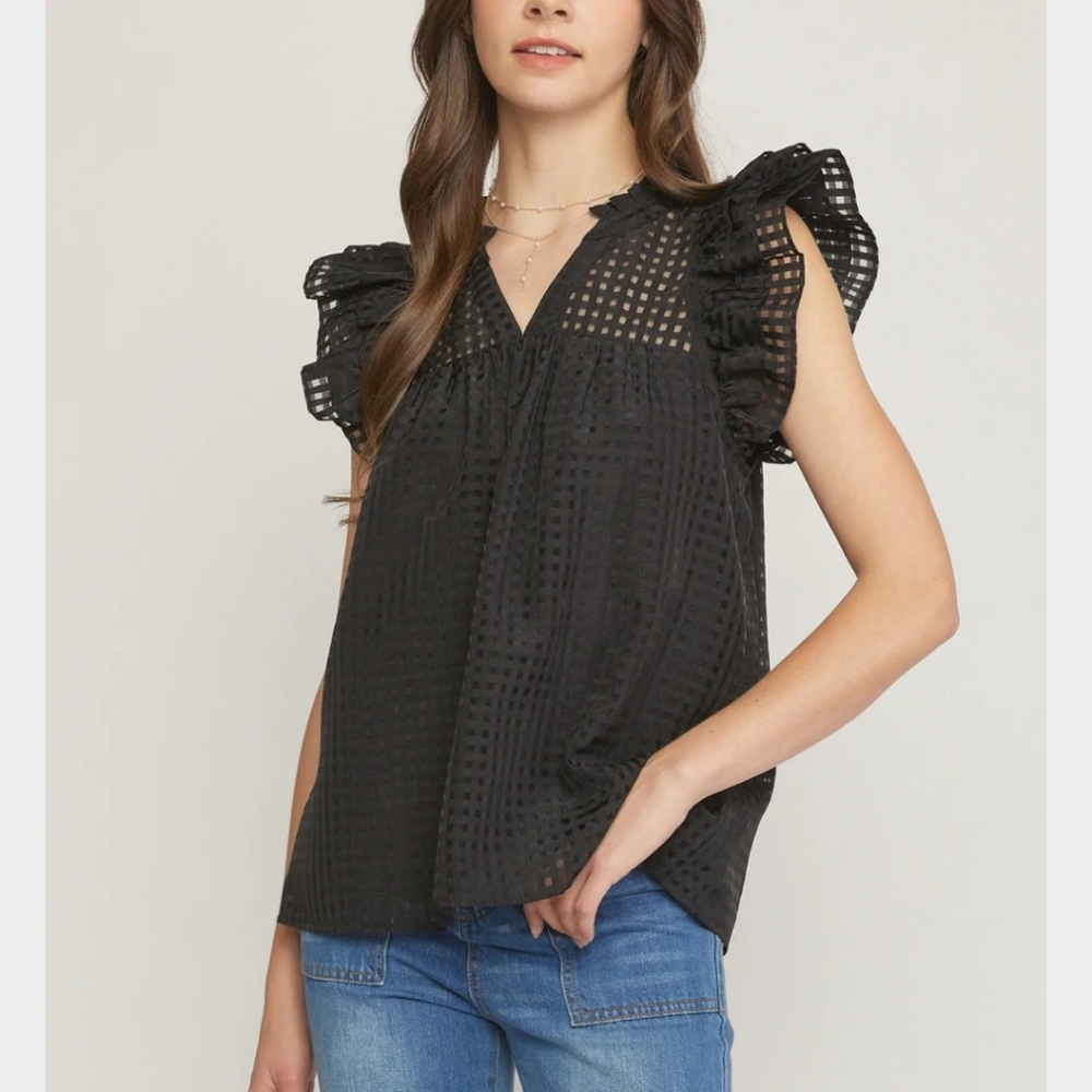 275. NWT Very J Women's Black Ruffle Sleeve Top - Size Medium